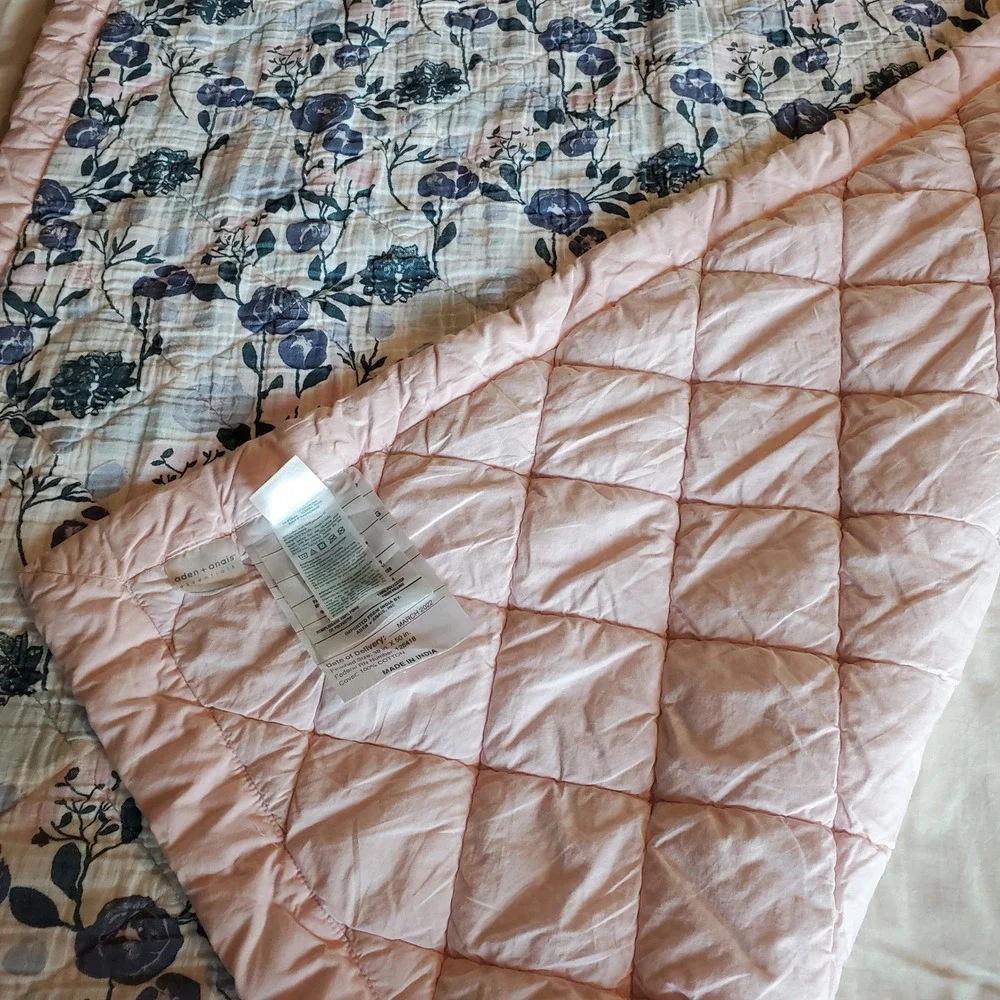 Aden + Anais Essentials Floral Muslin Baby Blanket Pink Blue Quilted 38x47in